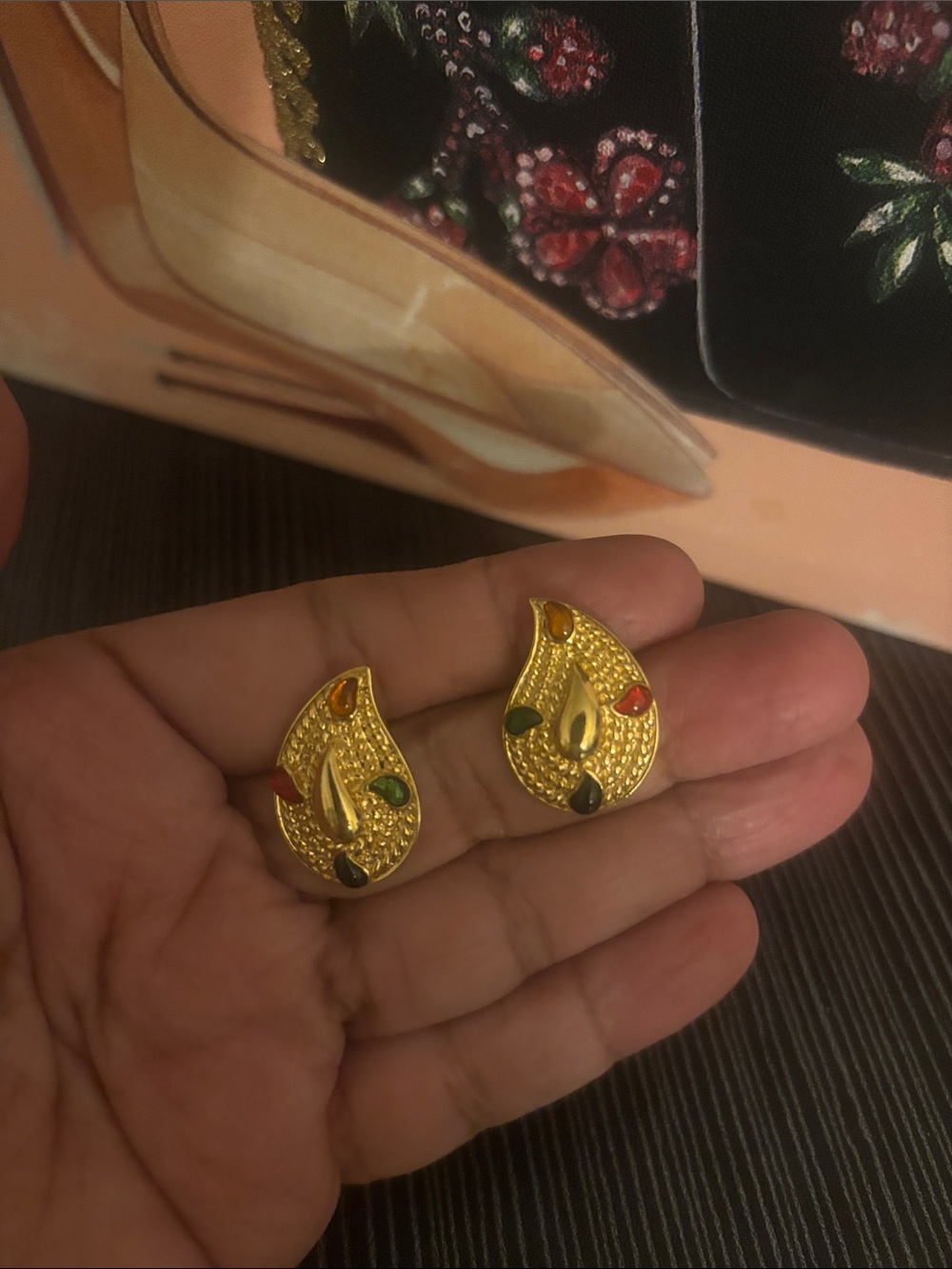 Vintage Gold Teardrop Earrings with Red, Green and Black Accents